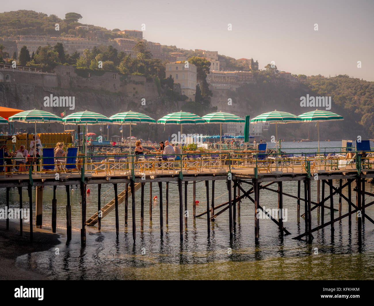 Bar and restaurants at a private beach, Sorrento, Italy. Stock Photo
