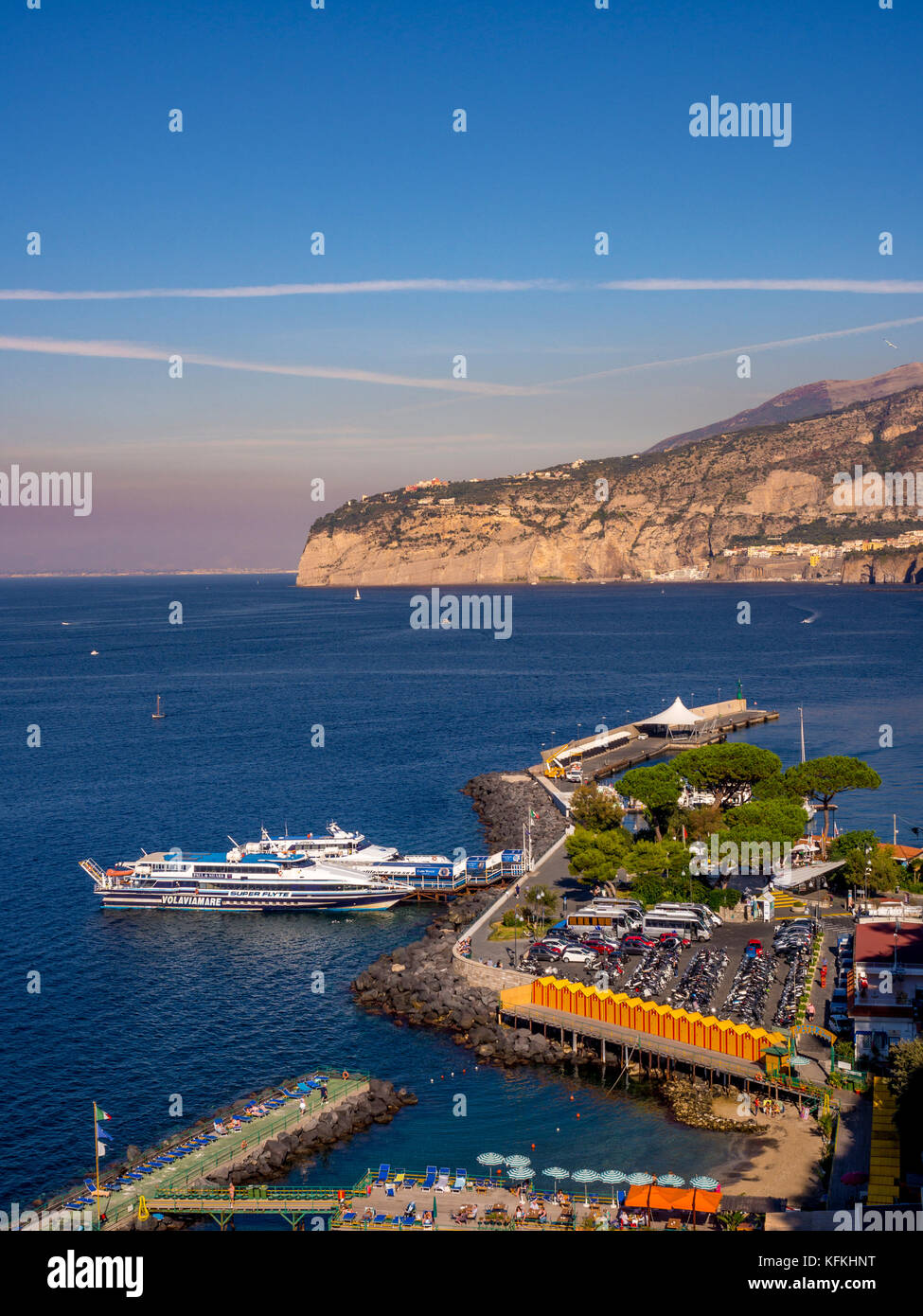 Aerial view of Pete's private beach with moored boats in the Marina Piccola. Sorrento. Italy. Stock Photo