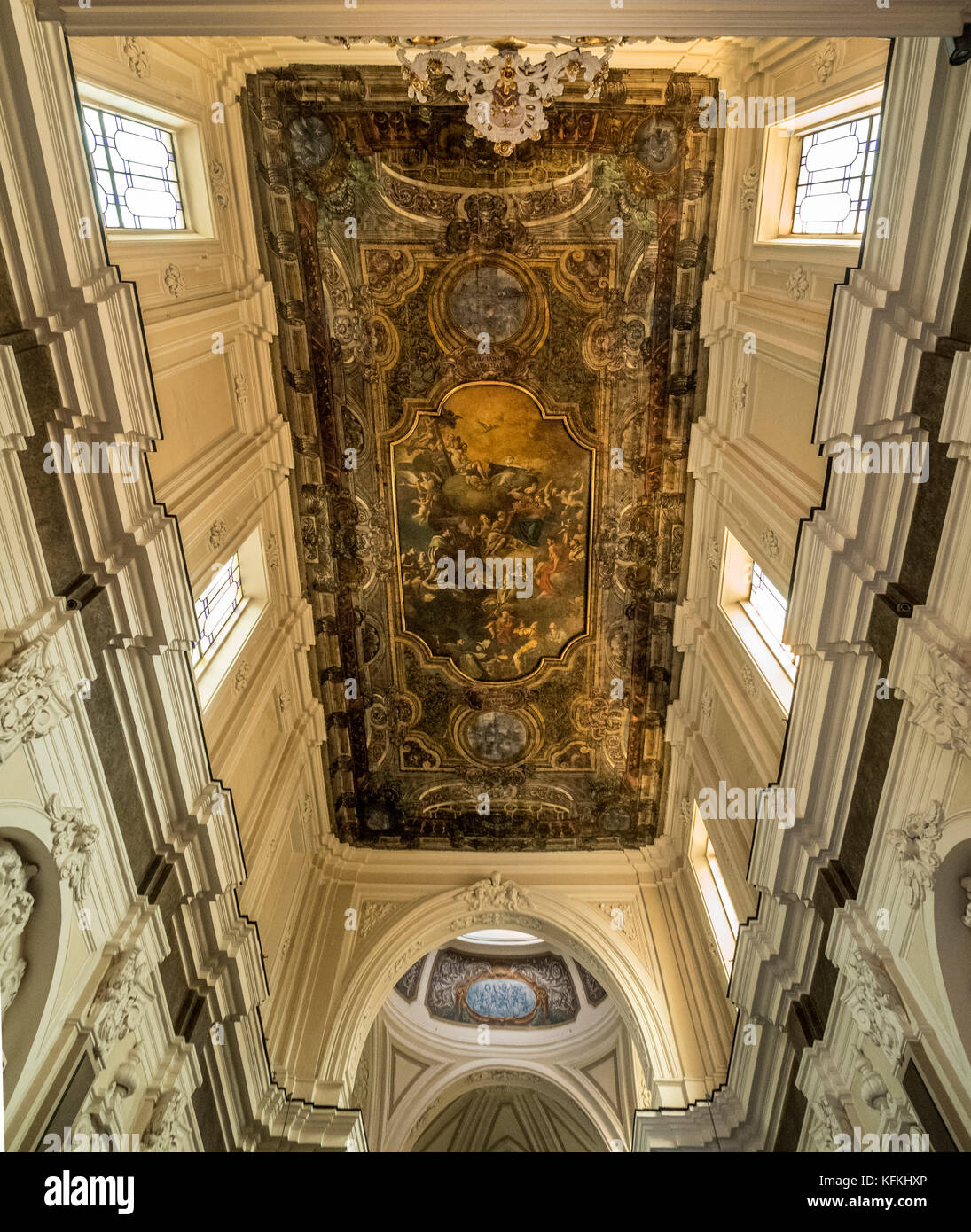 Ornate painted interior ceiling of Santuario Della Madonna Del Carmine, Piazza Tasso, Sorrento, Italy. Stock Photo