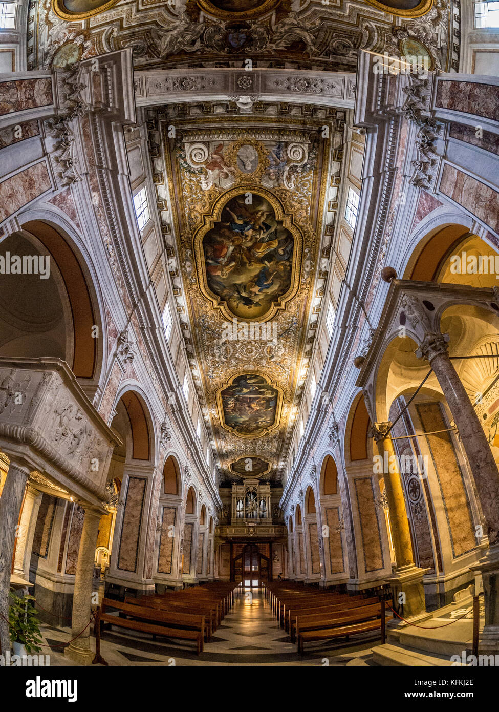Fisheye shot of the aisle and ceiling of Sorrento Cathedral, Sorrento, Italy. Stock Photo