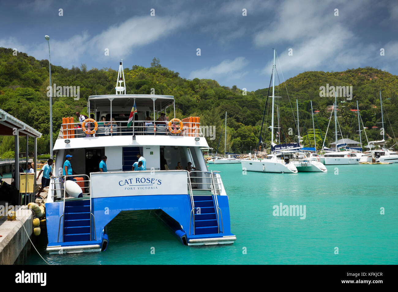 The Seychelles, Praslin, Baie St Anne, jetty, Port Victoria, Cat Rose inter island ferry catamaran boat Stock Photo