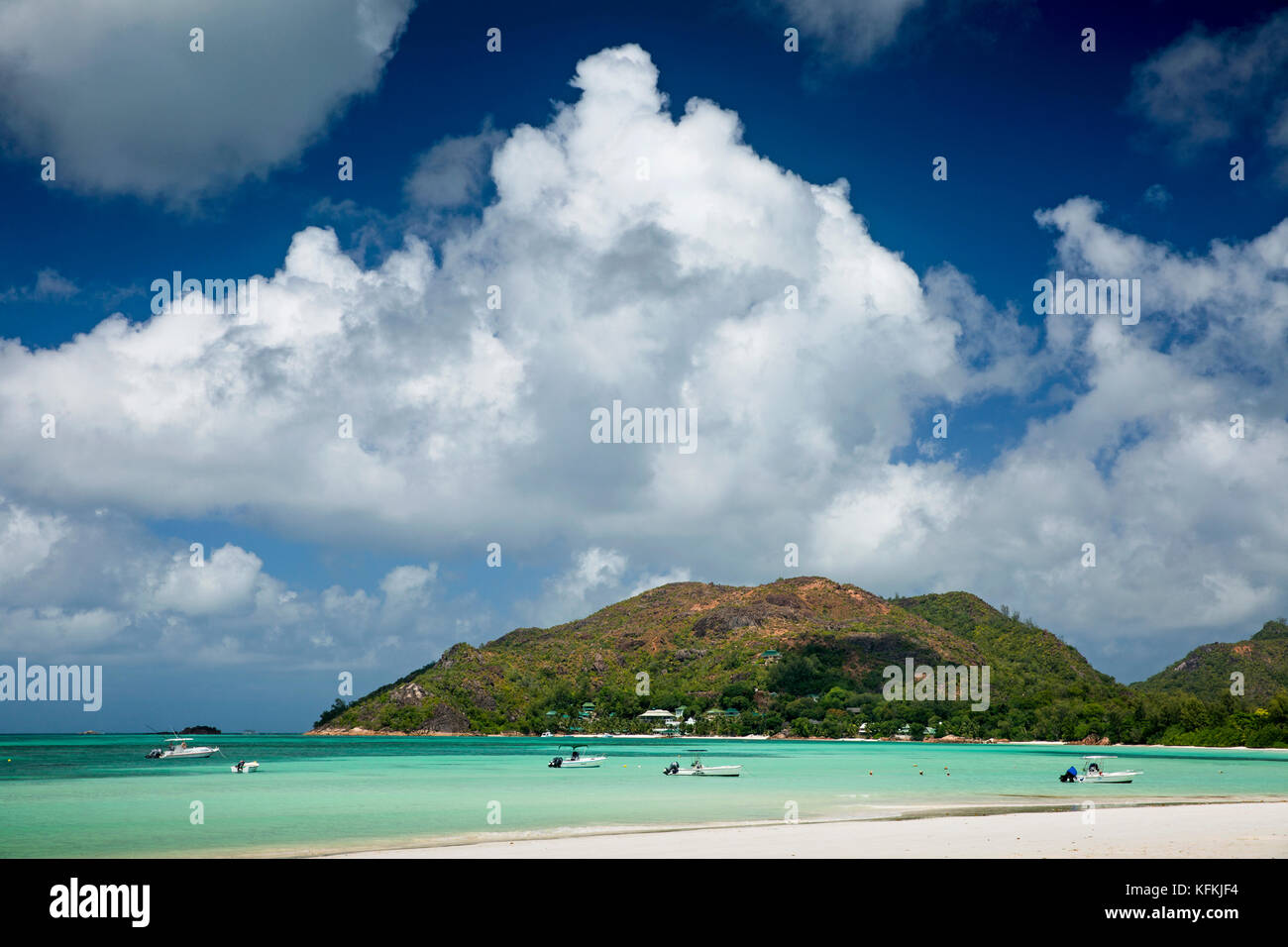 The Seychelles, Praslin, Anse Volbert, Anse Gouvernment and Fond Diable from Cote d’Or beach Stock Photo