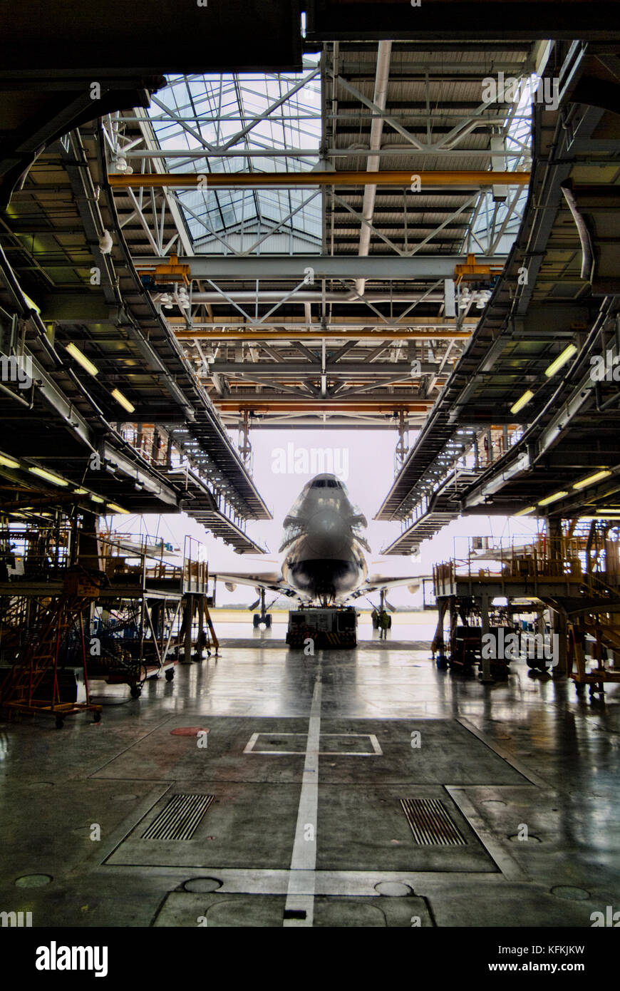 A Boeing 747-400 passenger jet at the entrance to a maintenance bay. Stock Photo