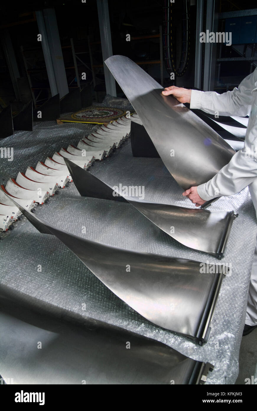 Titanium fan blades in a maintenance centre for Boeing 747-400 Stock Photo
