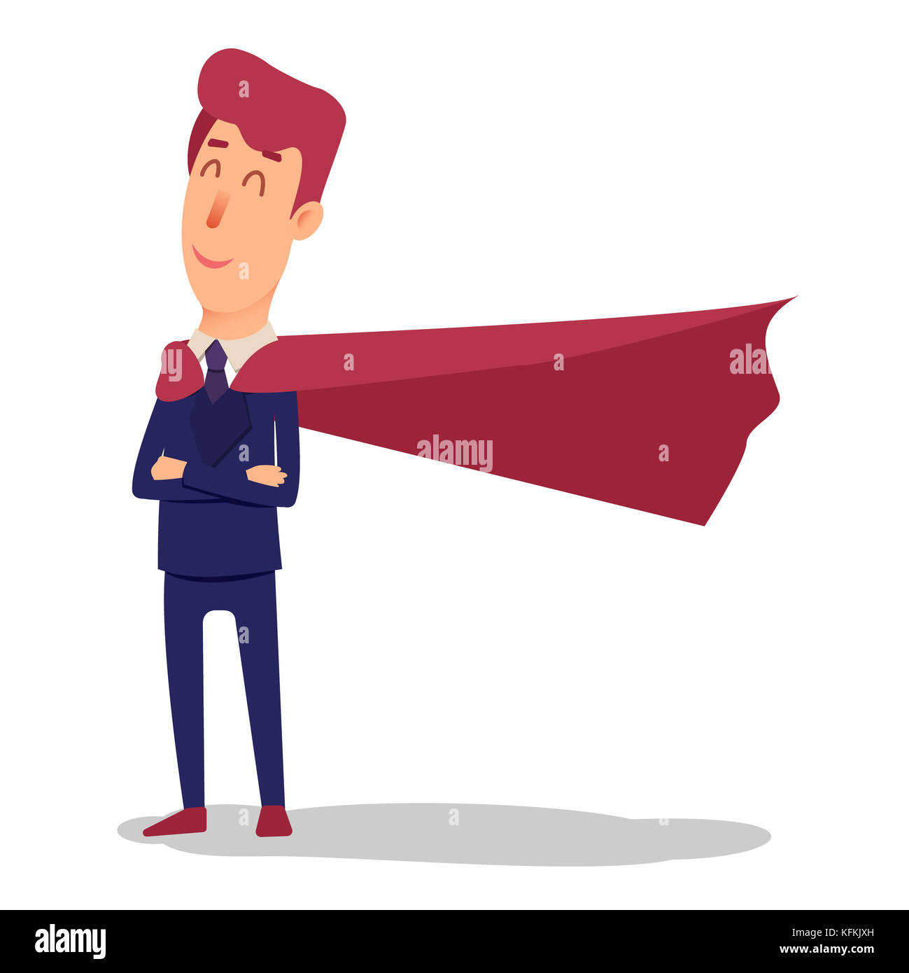 Cartoon successful businesman superhero in suit and cape. Young office superman manager in flat style. Professional salesman smiling on a white background. Powerful big boss. Stock Photo