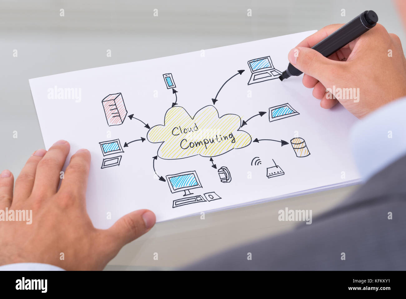 Cropped image of businessman drawing cloud computing diagram on paper ...