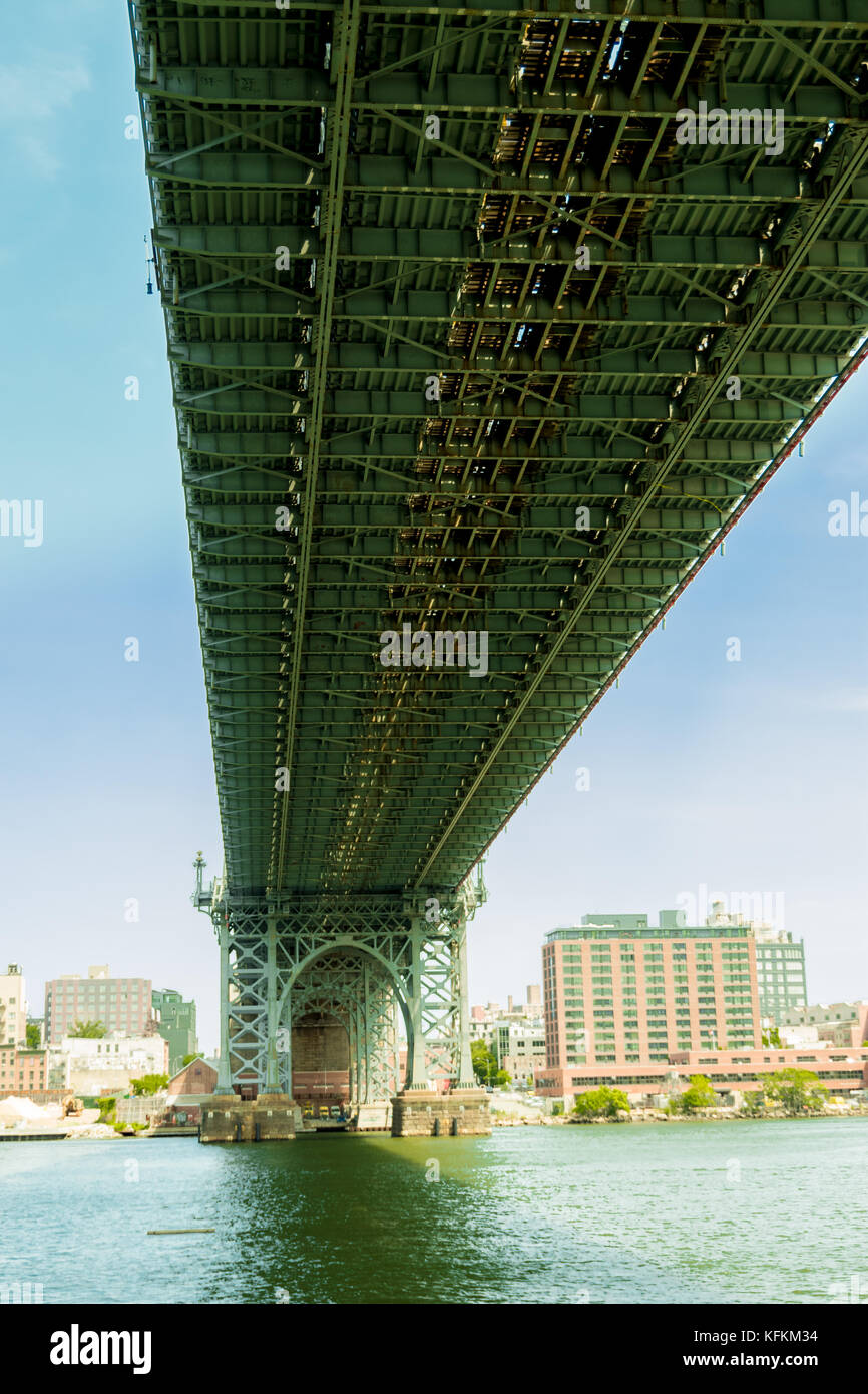 Bridge photo taken form under it in perspective in Manhattan Stock Photo