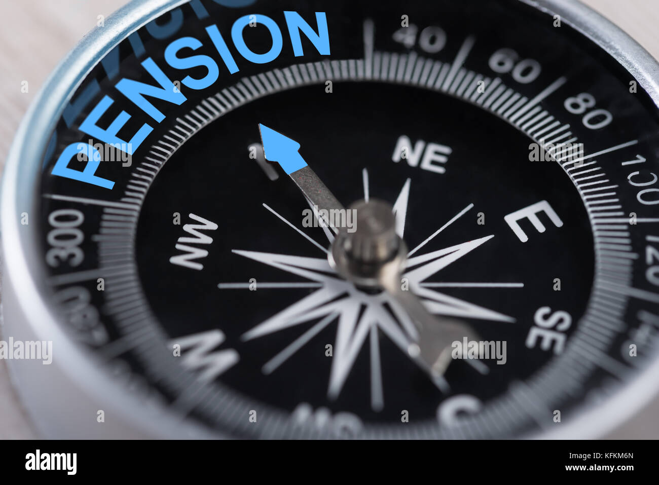 Closeup of compass indicating Pension direction. Concept Shot Stock Photo