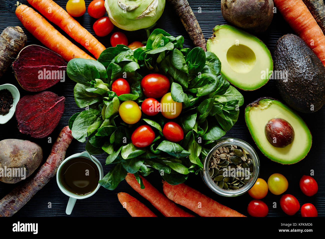 fresh organic salad scene variety of ingredients Stock Photo