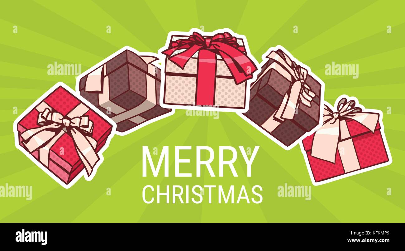 Merry Christmas Poster With Different Gift Boxes Retro Banner Design ...