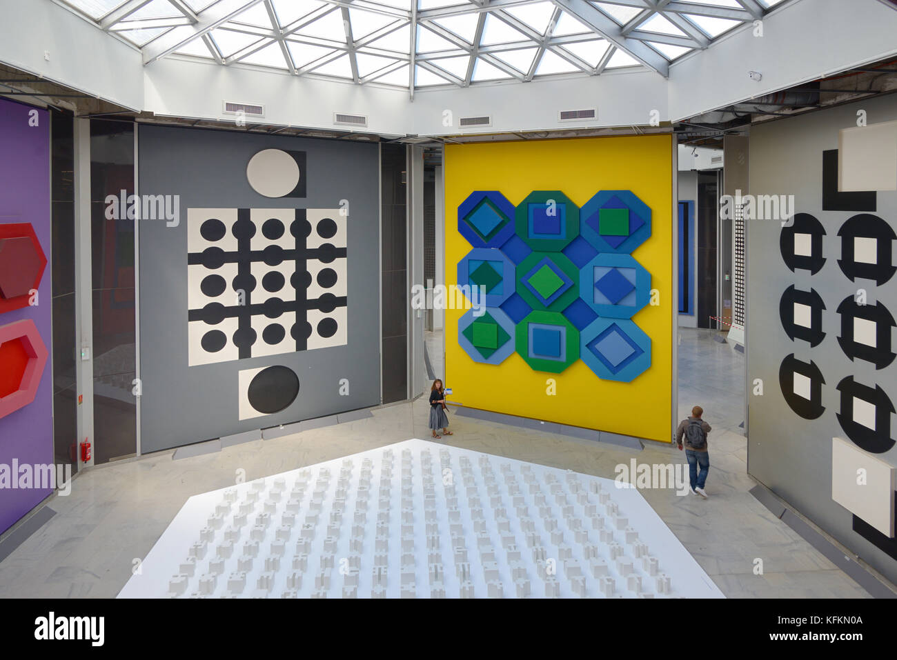 Two Visitors in Art Gallery Interior of the Vasarely Foundation or Fondation Vasarely Museum, Aix-en-Provence, Provence, France Stock Photo