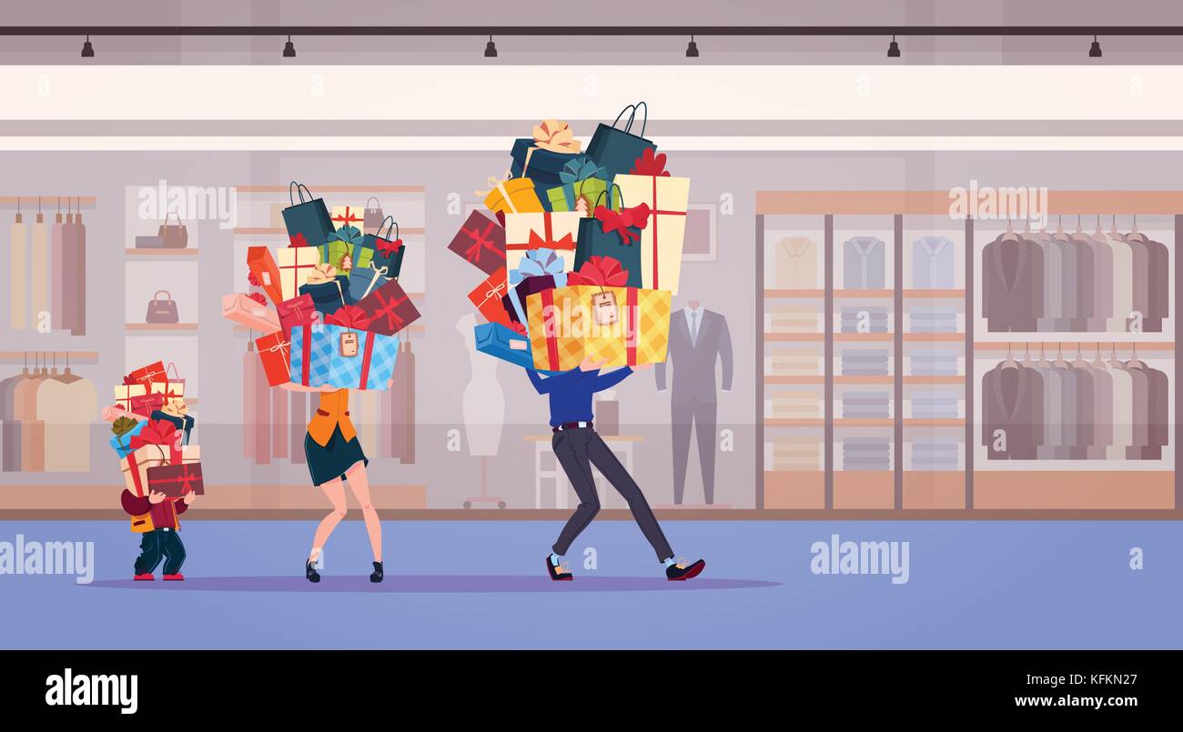 Family Carry Stack Of Presents Over Shop Background Holiday Gifts And Seasonal Sale Concept Stock Vector