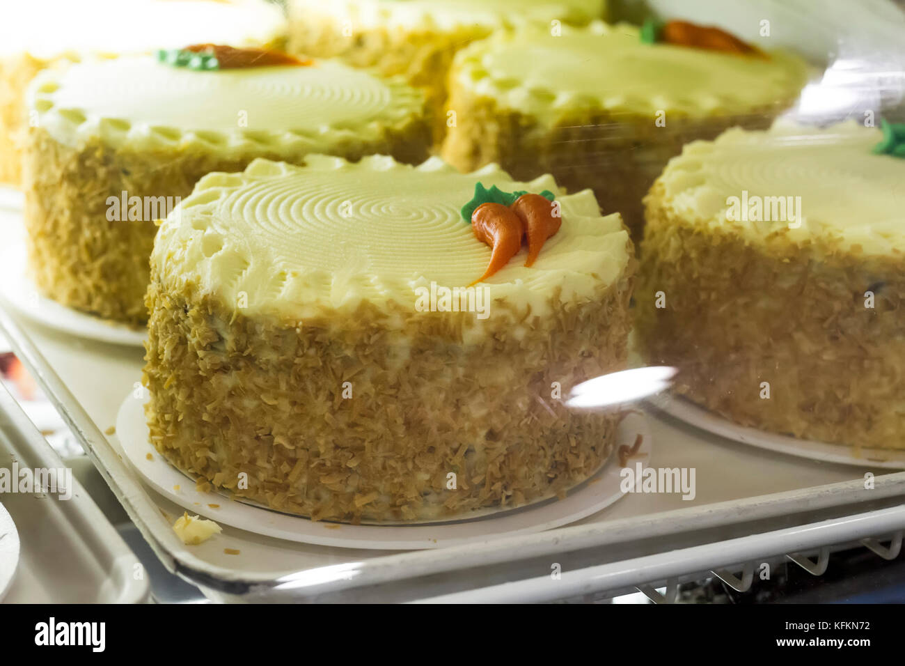Carrot Cake Cupcake With Cream Cheese Frosting at a bakery. Stock Photo