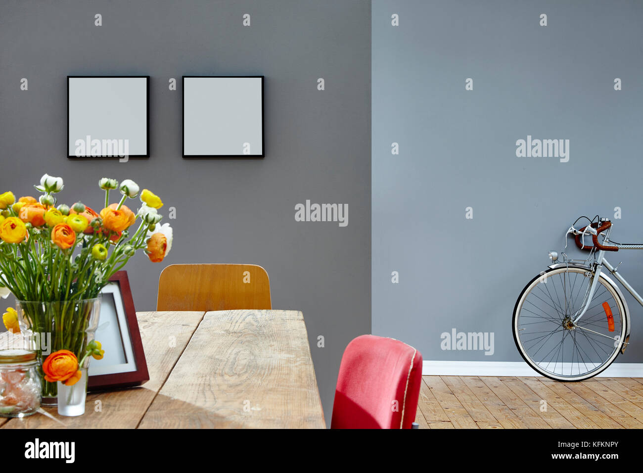 vintage interior vivid atmosphere table and bycicle Stock Photo