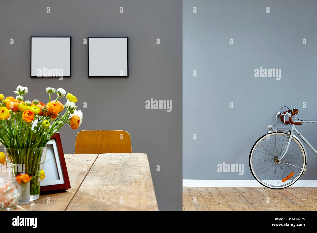 two rooms vivid dining room and vintage bike in corridor Stock Photo