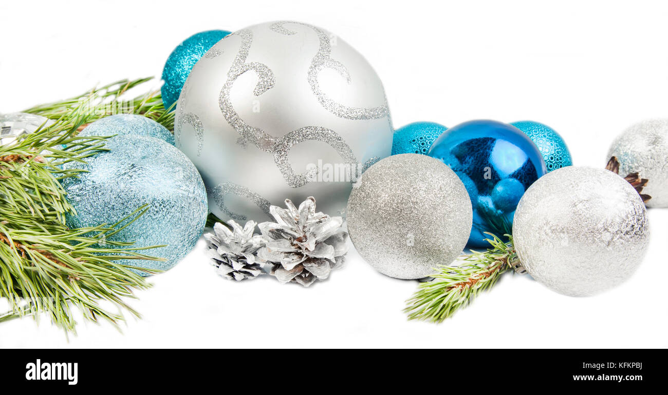 New year composition with fir tree branch, beautiful silver ball and ...