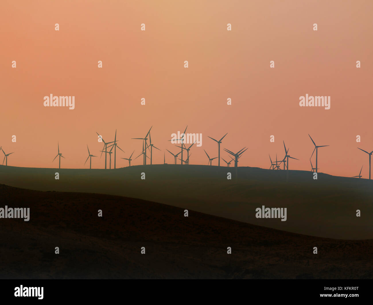 Wind Farm at sunset in Washington State. Stock Photo