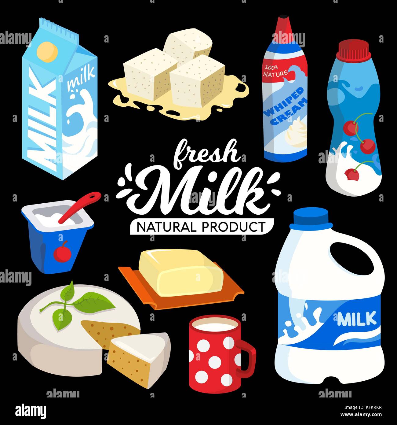 Vector dairy products set flat style including cup of milk, milk canister, butter, whipped cream, cheese, yogurt, cottage cheese, camembert cheese, feta isolated on black. Stock Vector