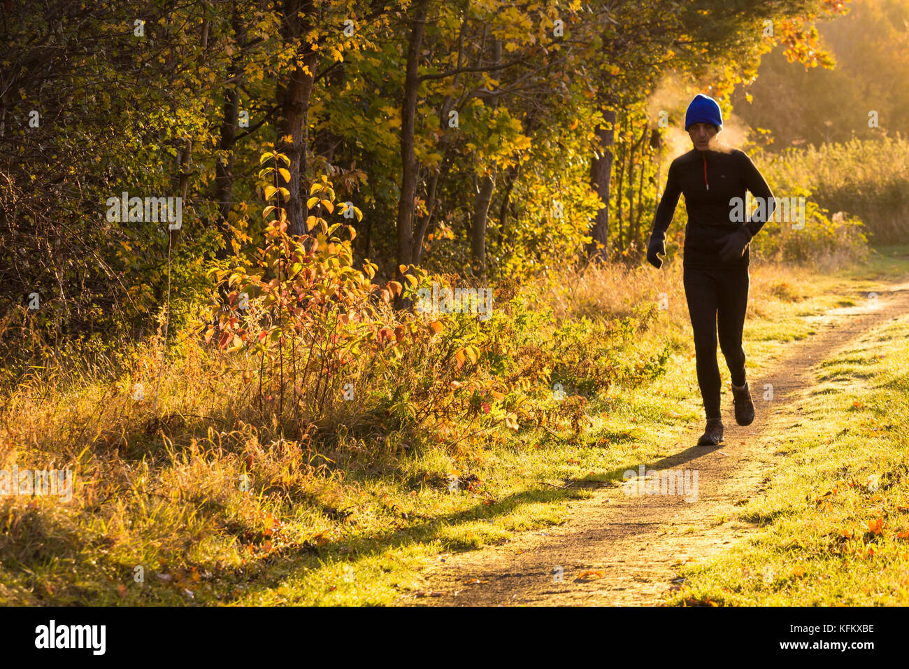 60 year old jogger, runner on early morning run as breath condenses against the cold air on a frosty morning. UK Stock Photo