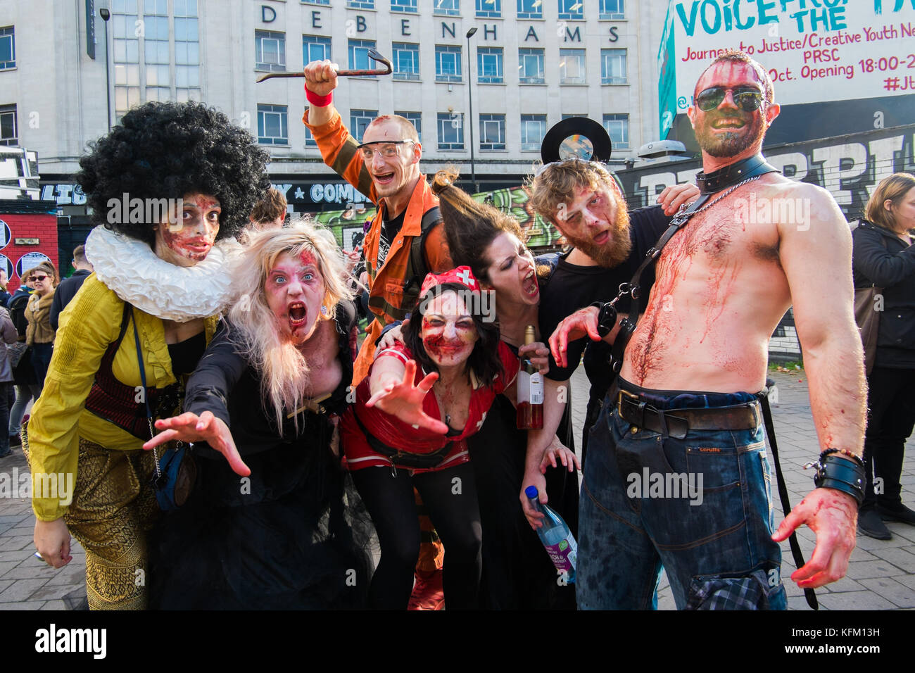 Bristol, UK. 28th October, 2017. People dressed as zombies partake in Bristol zombie walk 2017 ready for halloween Credit: Shaun Jones/Alamy Live News Stock Photo