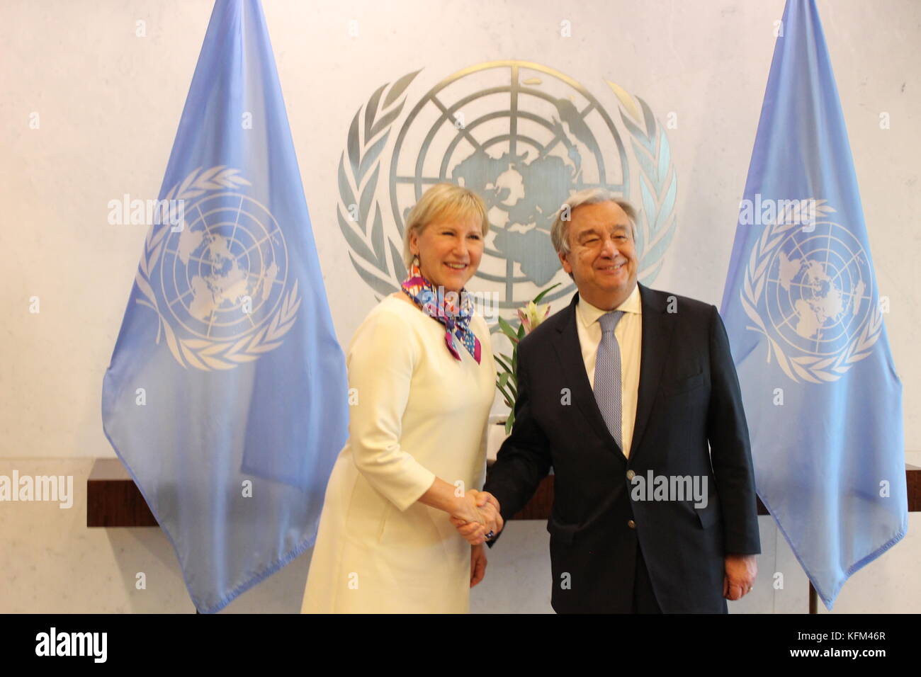 UN, New York, USA. 30th Oct, 2017. Swedish Foreign Minister Margot Wallstrom met UN Sec-Gen Antonio Guterres. Photo: Matthew Russell Lee / Inner City Press/Alamy Live News Stock Photo