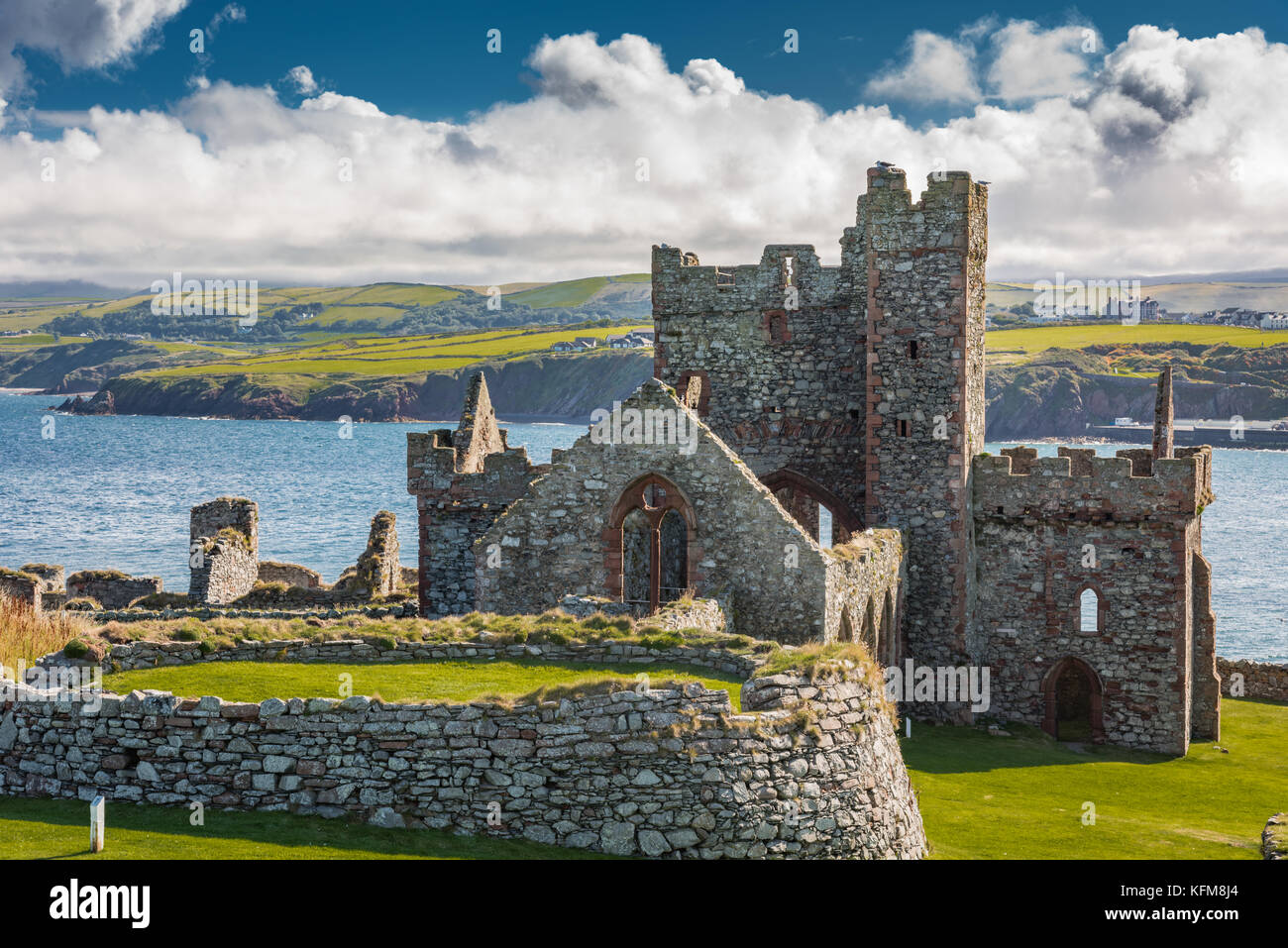 Peel Castle, Half-moon battery and St German's Cathedral, St Patrick's Isle, Isle of Man. Stock Photo