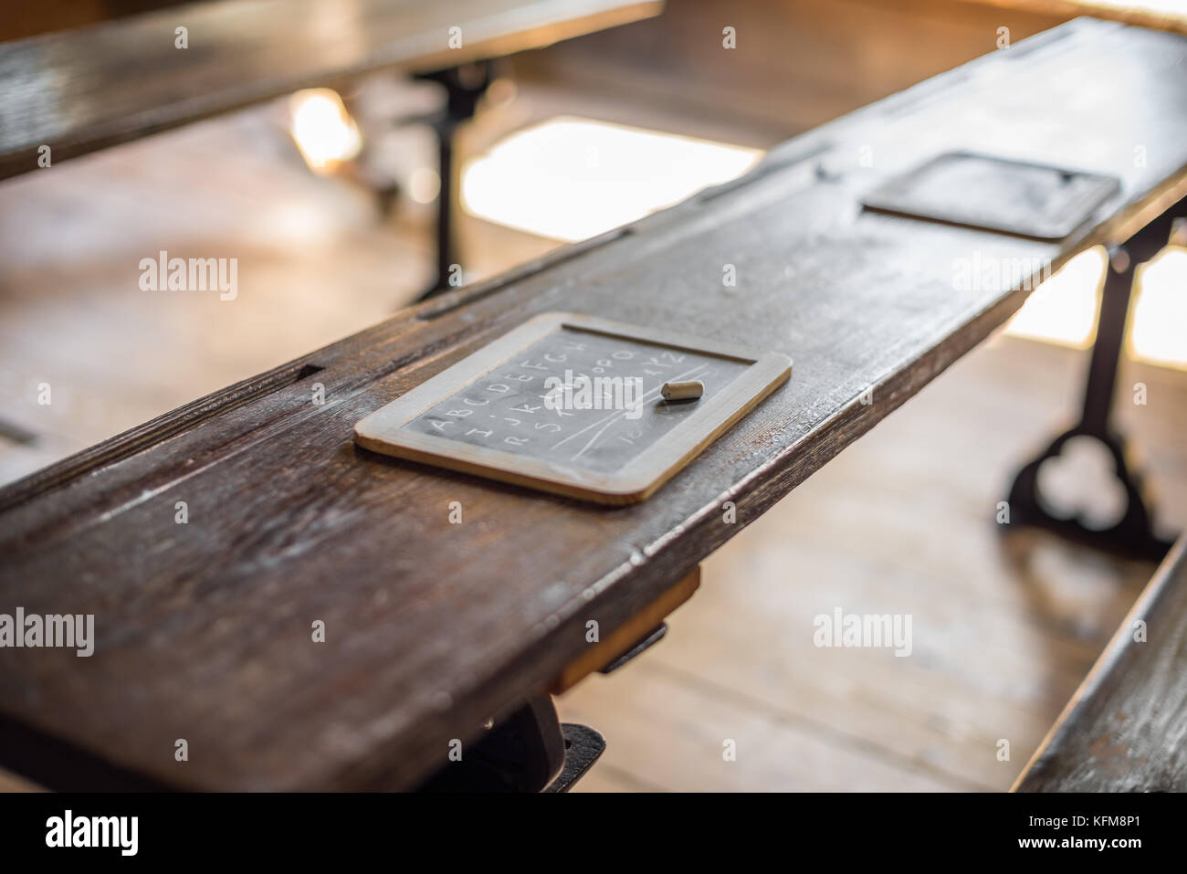 Victorian desks, Old Grammar School, Castletown, Isle of Man. Stock Photo