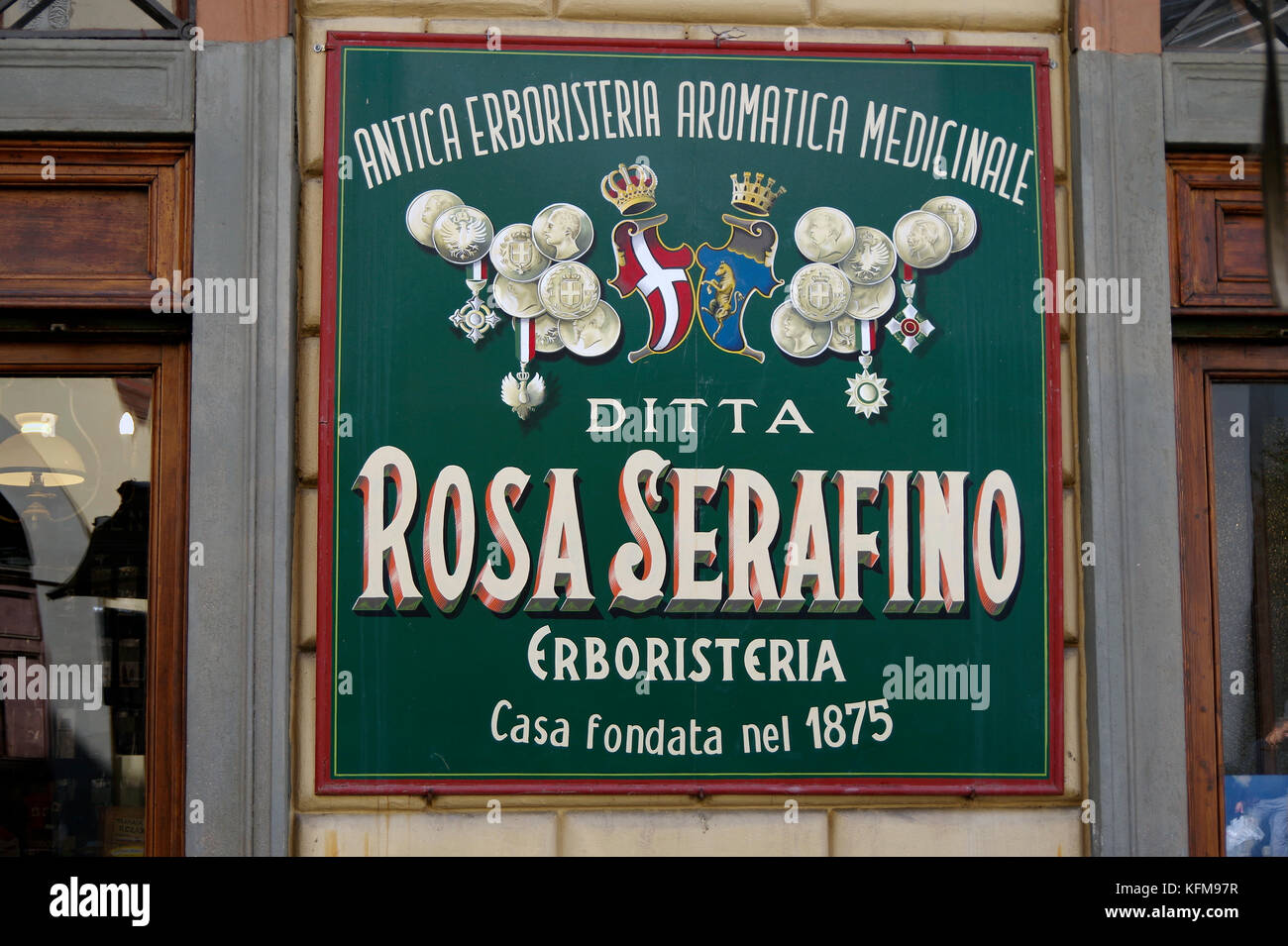 Herbalist's decorative shop sign, dating from C19, in Turin, Italy. Stock Photo