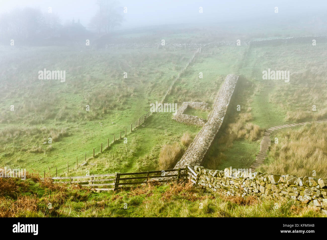 Hadrian's wall along the ridge of Peel crags flanked by moorland and farmland and mist in Northumberland national park. Stock Photo