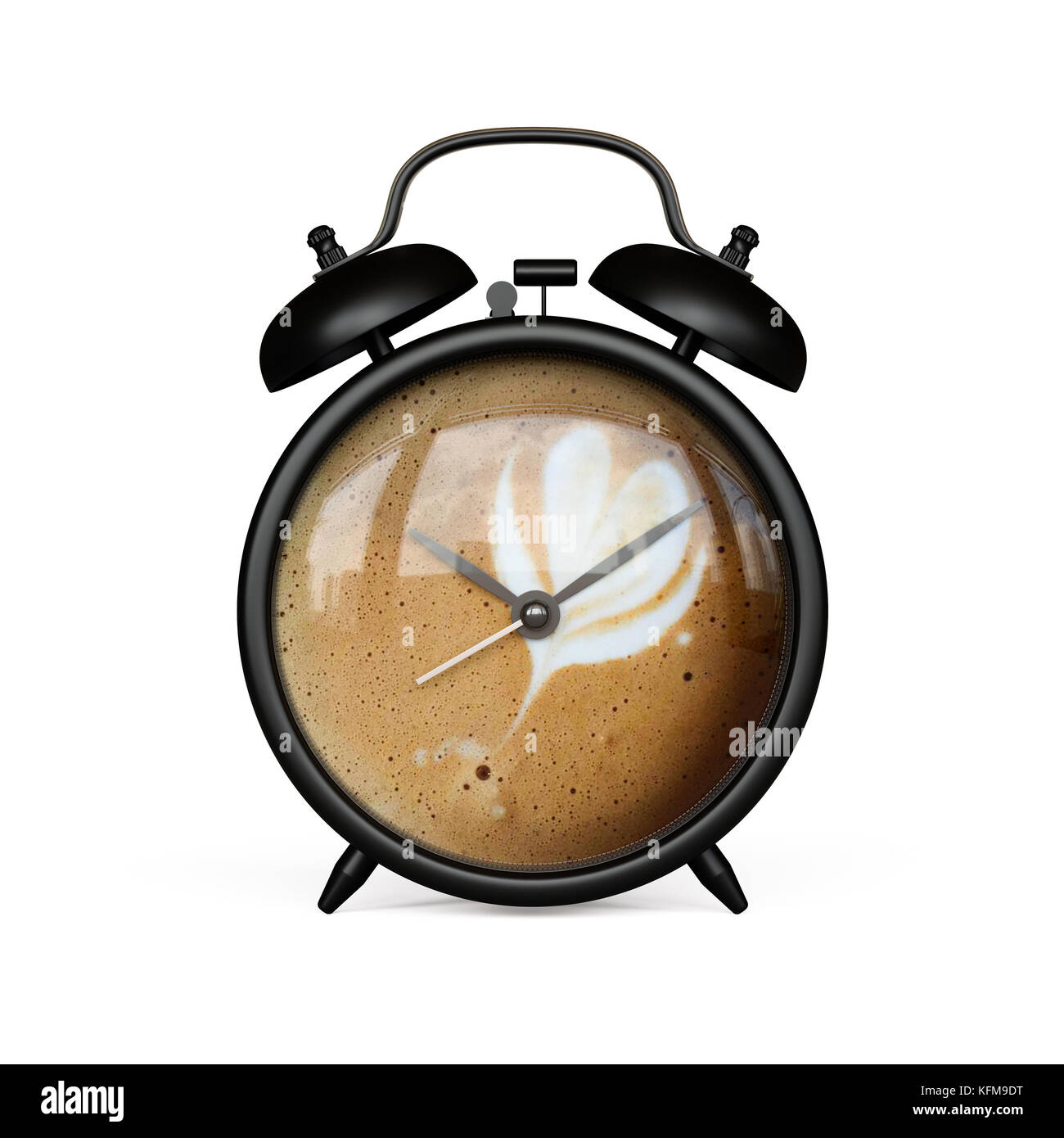 Cup of coffee clock face black alarm clock isolated on white background