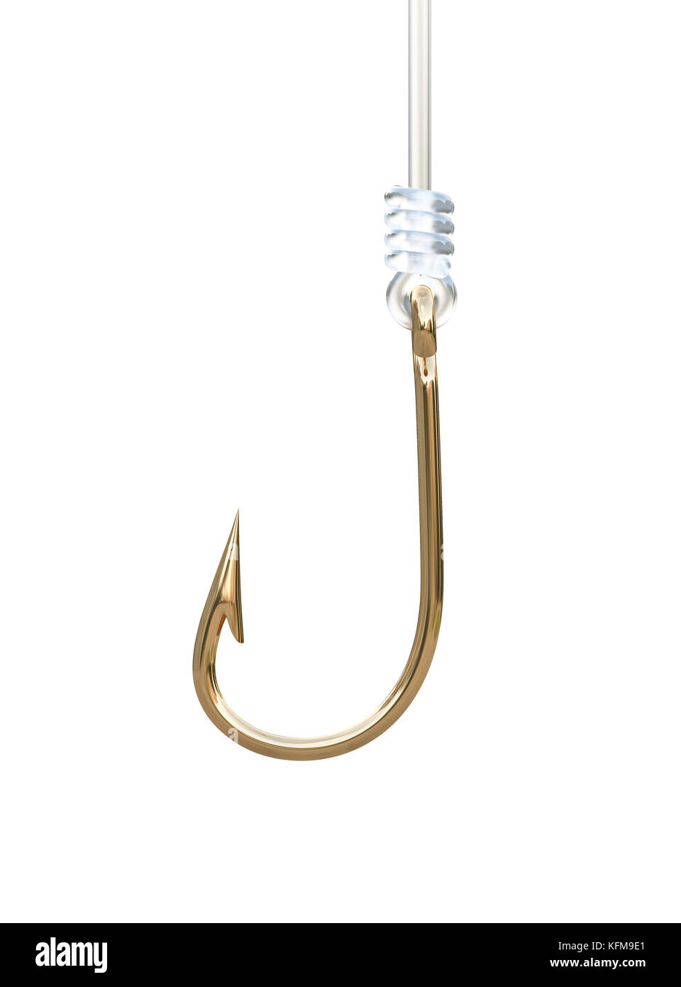 Shiny golden fishing hook hanging on the fishing line. Isolated 3d
