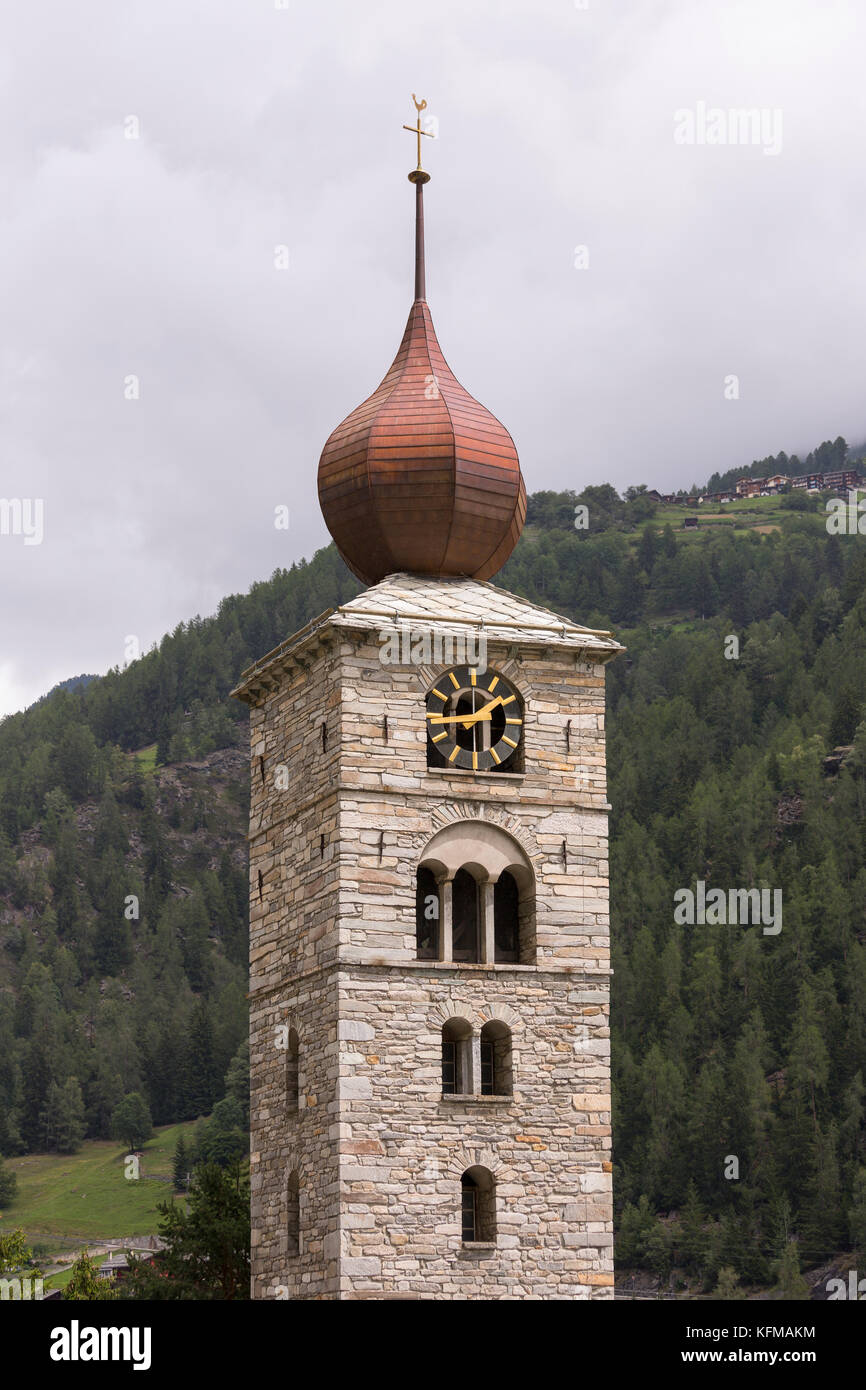 ST. NIKLAUS, SWITZERLAND - Onion dome church steeple. Stock Photo