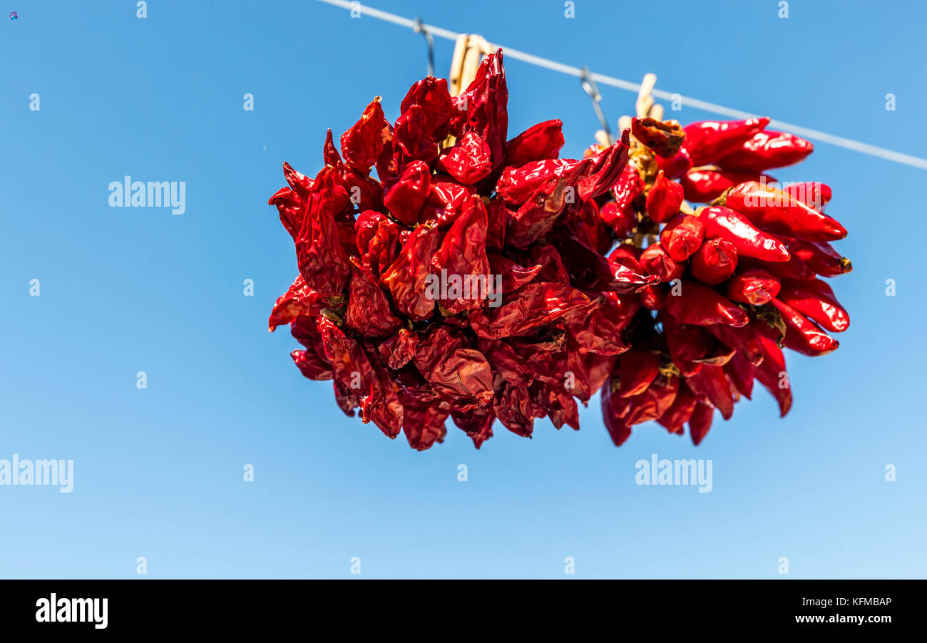 Red chillies drying in the sun and for sale at a farmers roadside stall ...