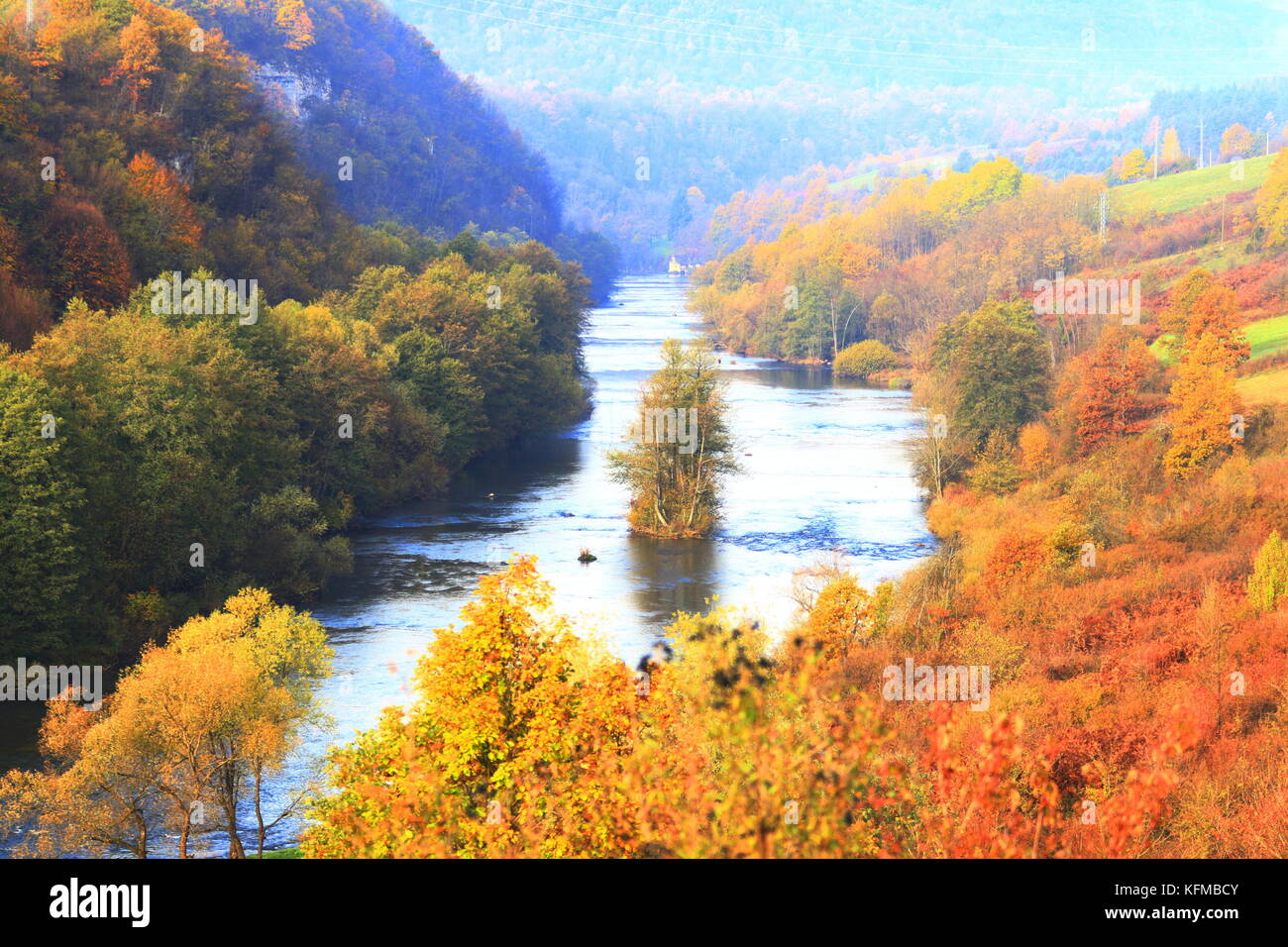 Fall landscape with river and forest Stock Photo - Alamy