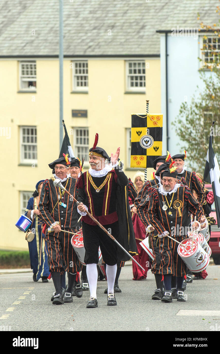 Penryn Kemeneth a two day heritage festival at Penryn Cornwall - the Falmouth Marine Band marching through the streets of Penryn. Stock Photo