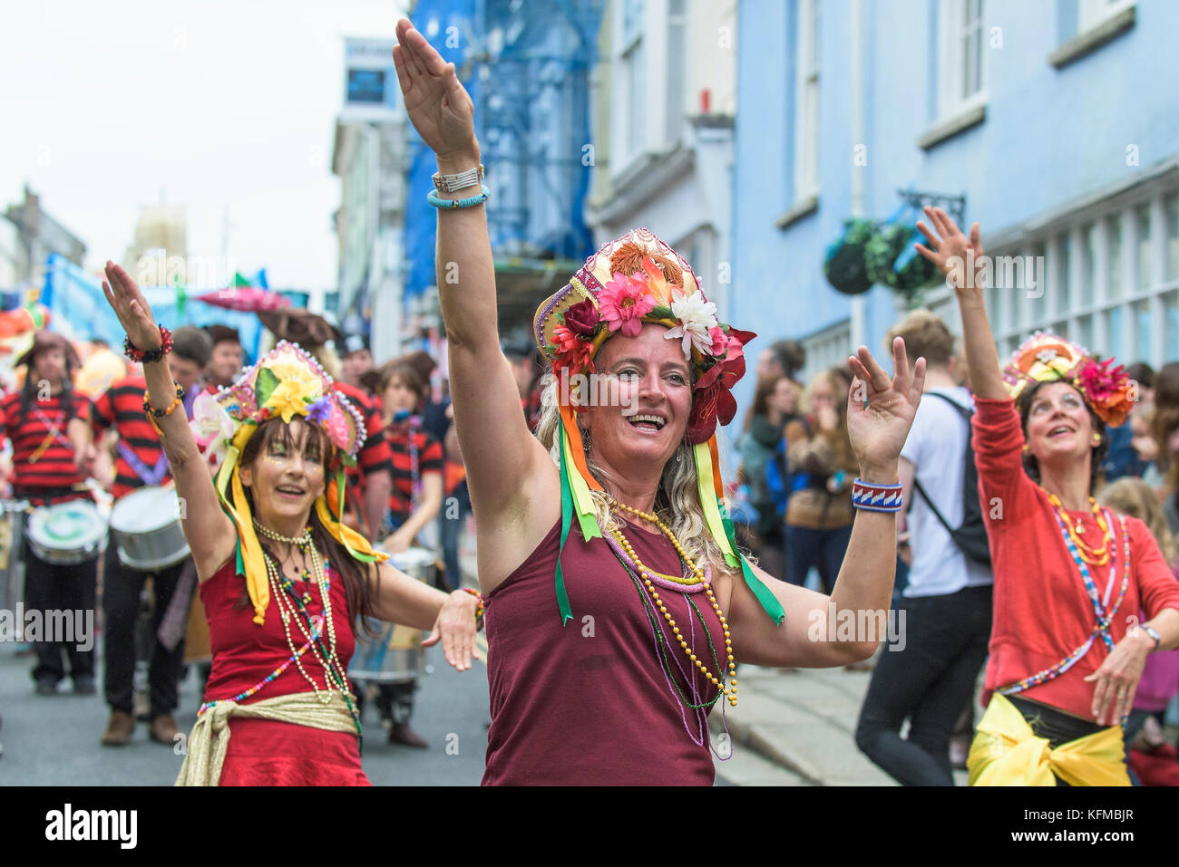 Penryn Kemeneth a two day heritage festival at Penryn Cornwall - DakaDoum Samba Band and dancers performing through the streets of Penryn. Stock Photo