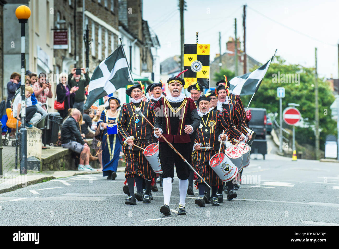 Penryn Kemeneth a two day heritage festival at Penryn Cornwall - the Falmouth Marching Band marching through the streets of Penryn. Stock Photo