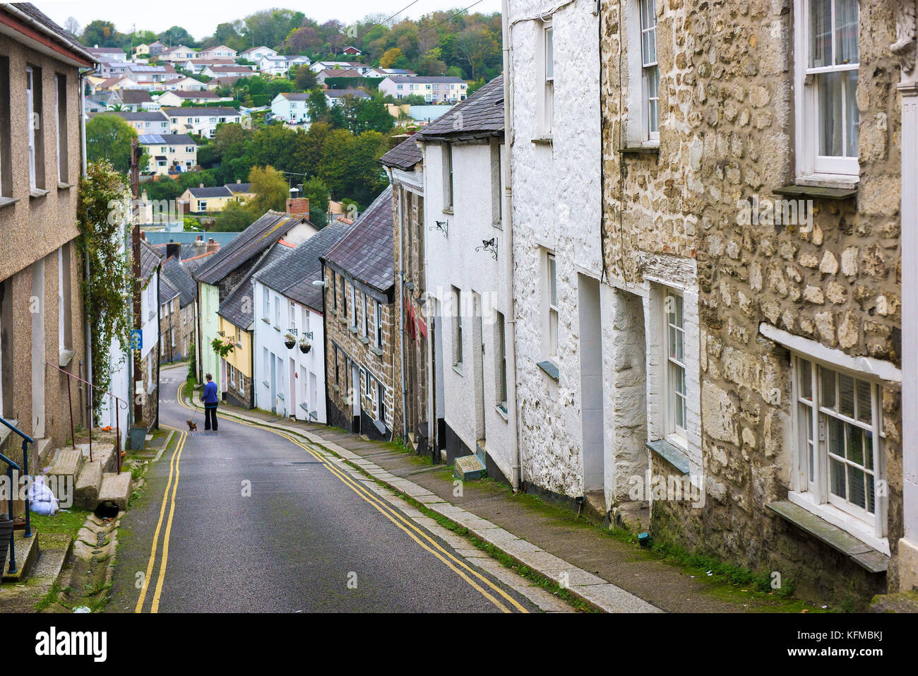 Quaint street - the quaint St Gluvias Street in Penryn in Cornwall. Stock Photo