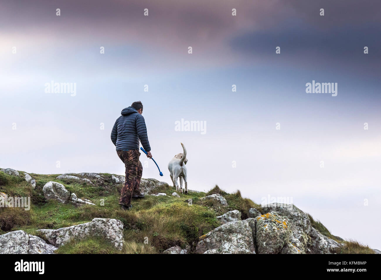 Dog walking - a man walking with his dog in the countryside. Stock Photo