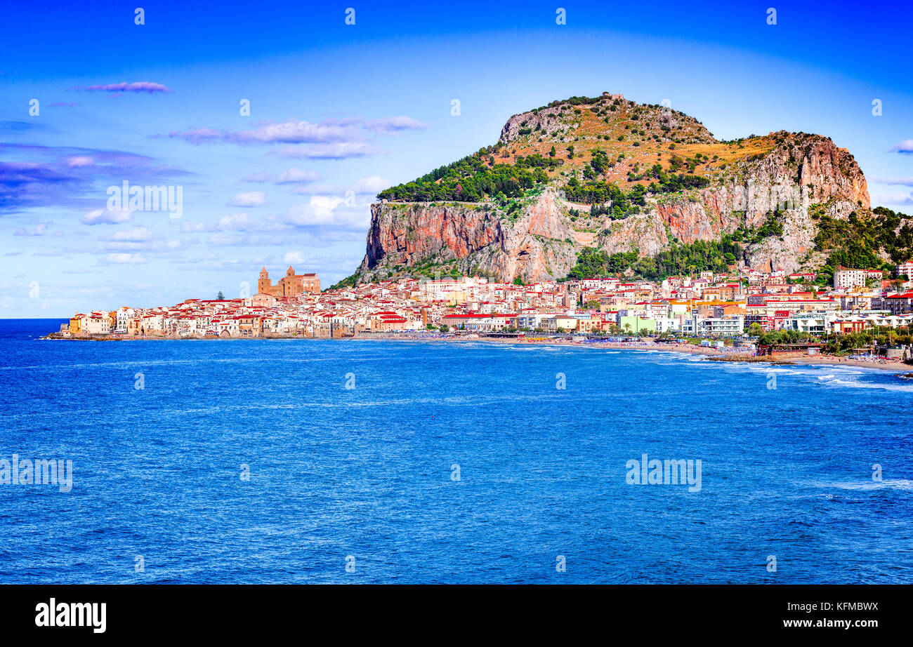 Cefalu, Sicily. Ligurian Sea and medieval sicilian city Cefalu. Province of Palermo, Italy. Stock Photo