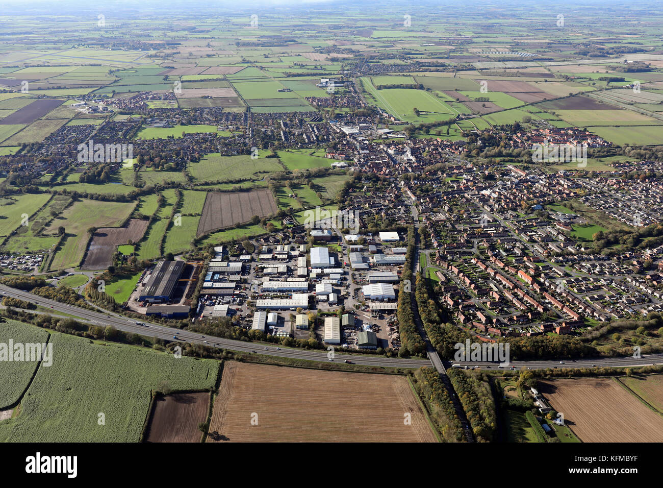 aerial view of Thirsk from the east looking across the A19 dual carriageway, North Yorkshire, UK Stock Photo