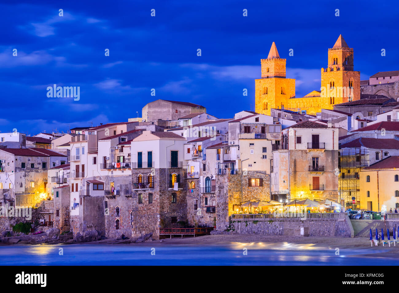 Cefalu, Sicily. Ligurian Sea and medieval sicilian city Cefalu. Province of Palermo, Italy. Stock Photo