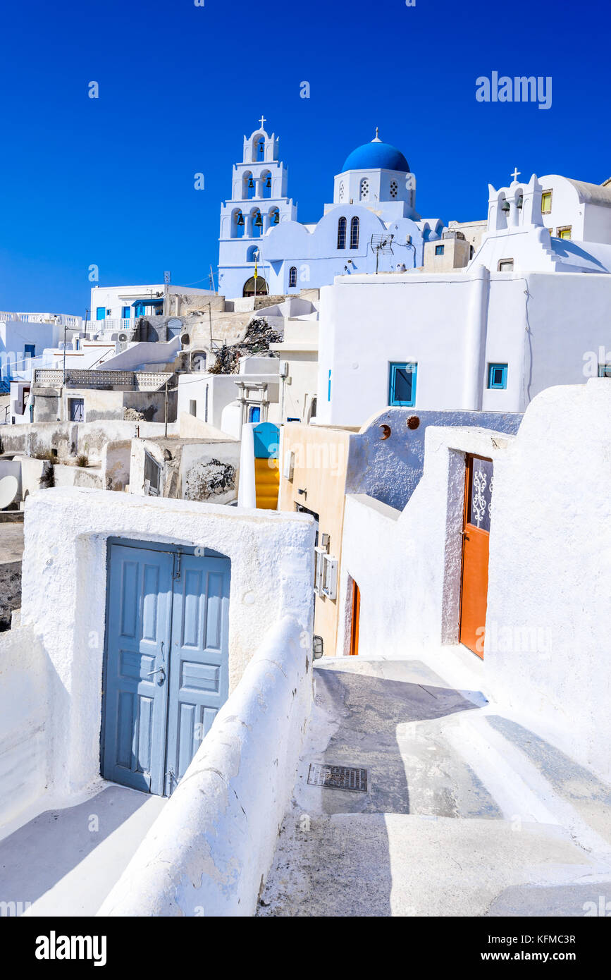 Pyrgos, Santorini, Greece. Famous attraction of white village with cobbled streets, Greek Cyclades Islands, Aegean Sea. Stock Photo