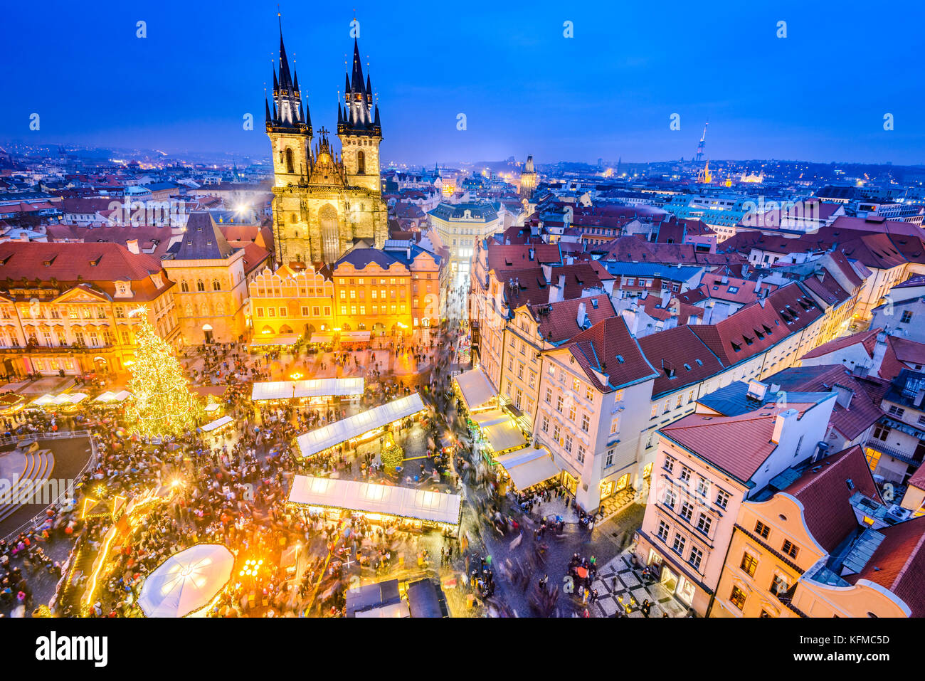 Prague, Czech Republic. Christmas Market in Stare Mesto old square, Tyn Church, Bohemia. Stock Photo