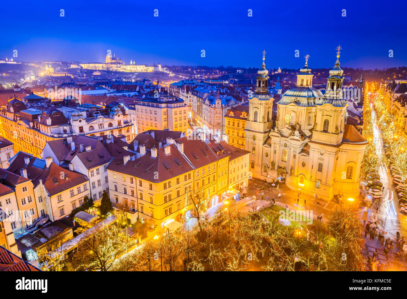 Prague, Czech Republic. Christmas Market in Stare Mesto old square, Tyn Church, Bohemia. Stock Photo