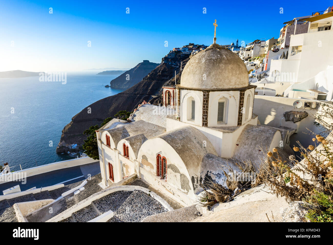 Santorini, Greece. Fira, with old greek church and caldera at Aegean Sea, Thira. Stock Photo