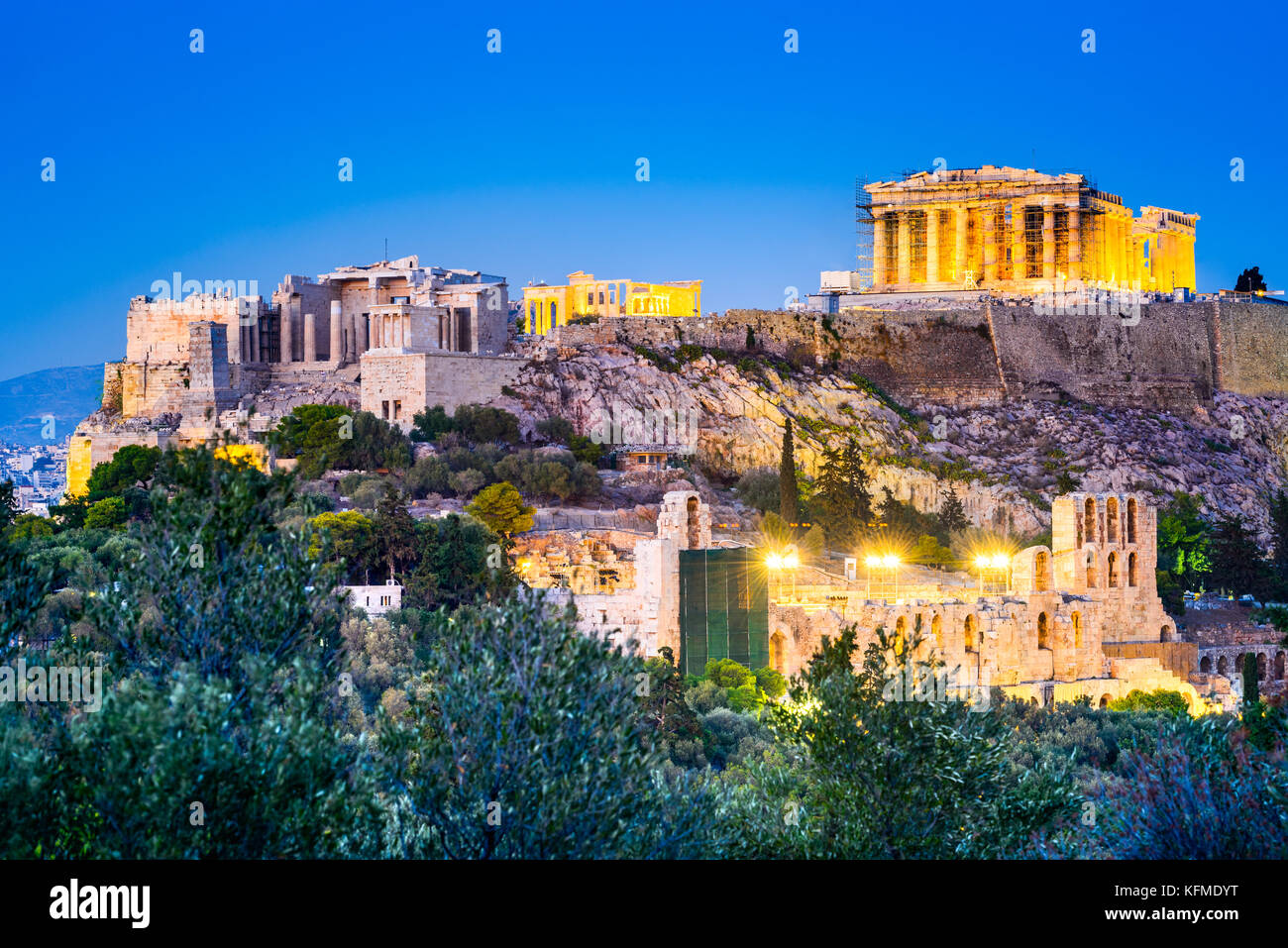 Athens, Greece - Night view of Acropolis, ancient citadel of Greek Civilization. Stock Photo