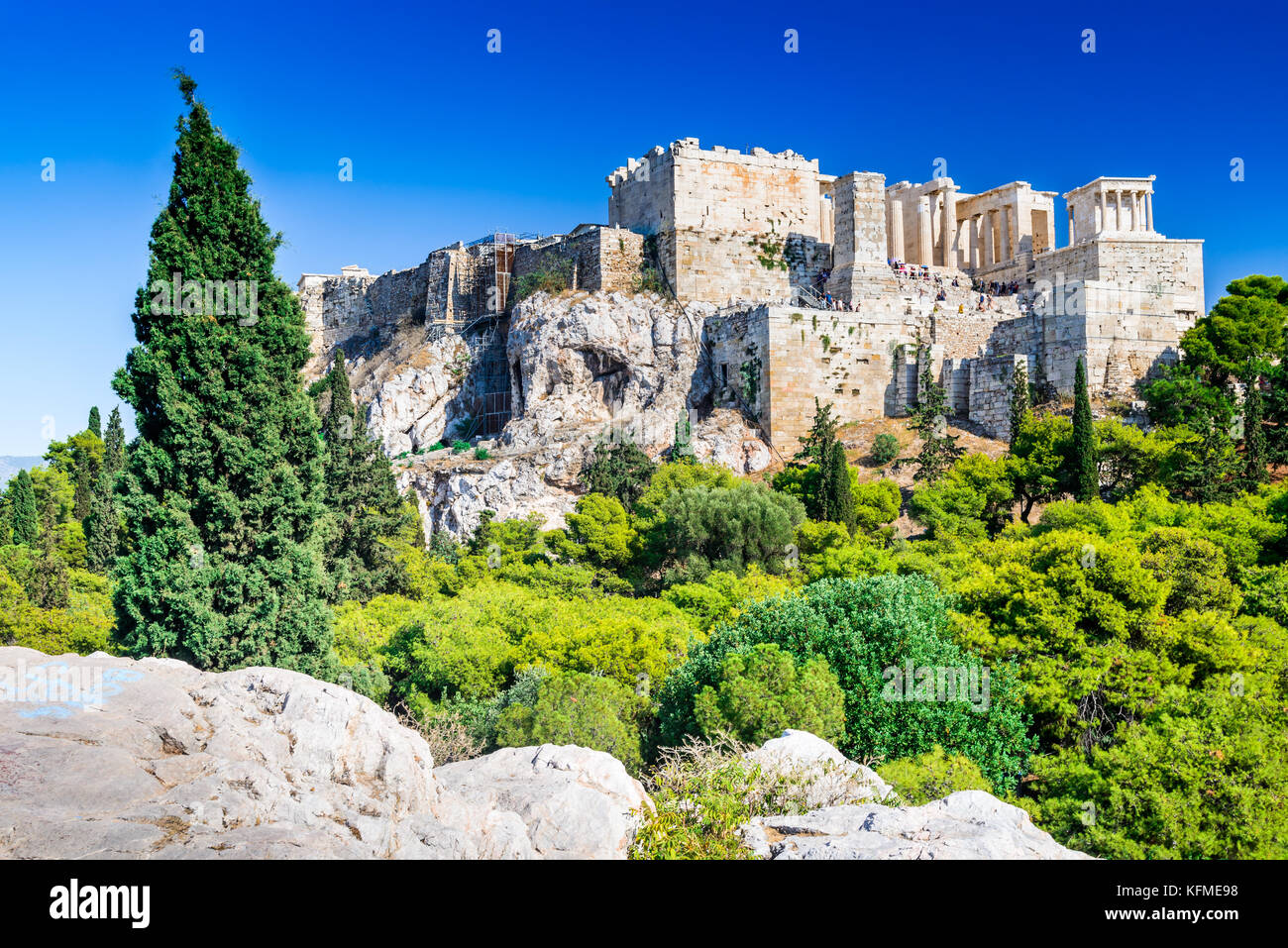 Athens, Greece - Night view of Acropolis, ancient citadel of Greek Civilization. Stock Photo