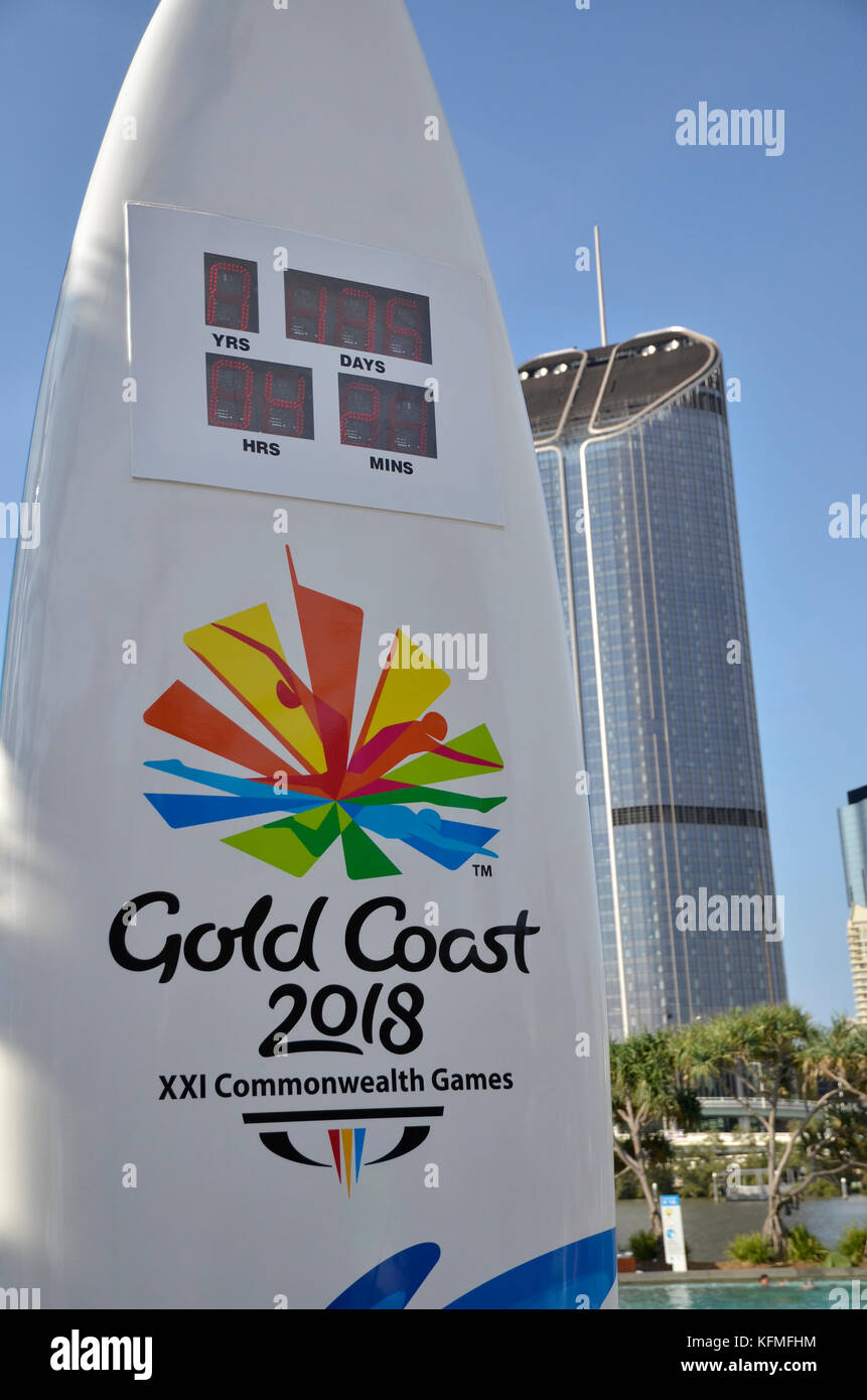 A countdown clock to the 2018 Gold Coast Commonwealth Games in Queensland, Australia, in the design of a surf board. Stock Photo