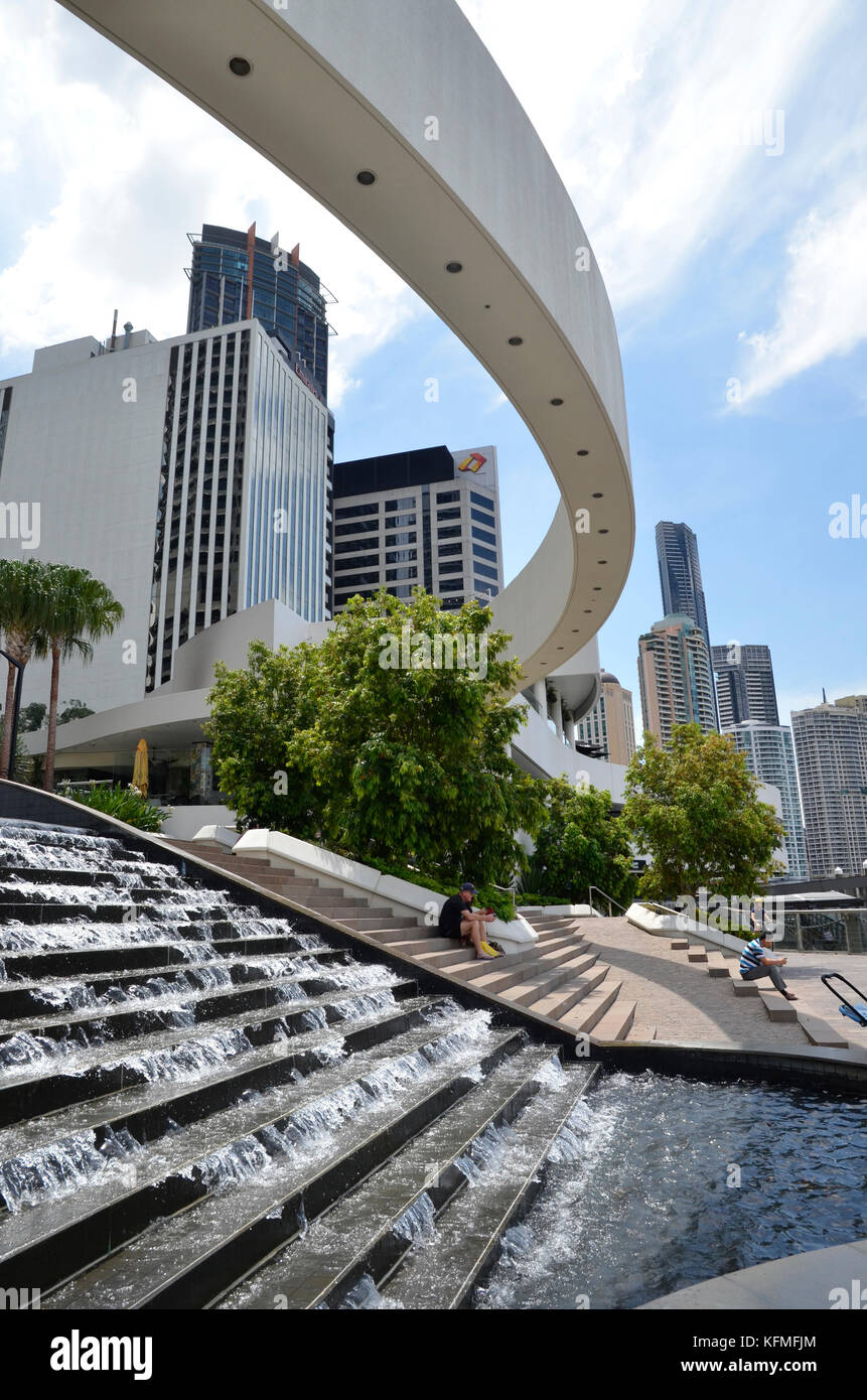 Water feature and walkways at the Eagle Street Wharf area of Brisbane, Queensland Stock Photo